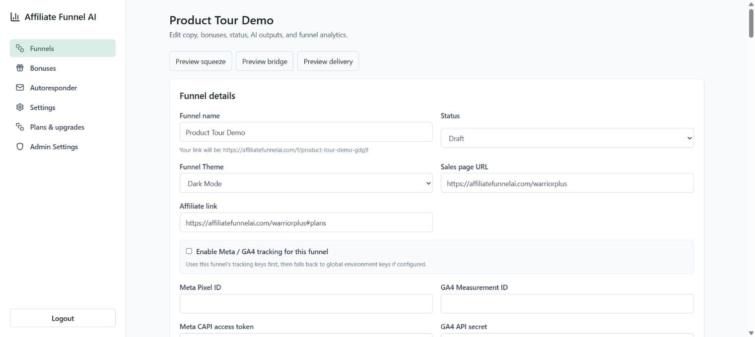 Affiliate Funnel AI offer setup screen